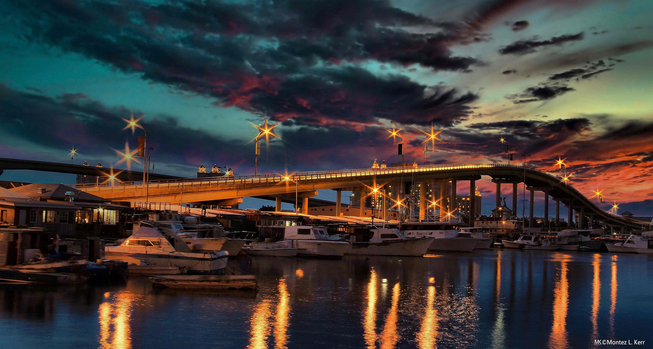 A  night photograph of the first Paradise Island Bridge