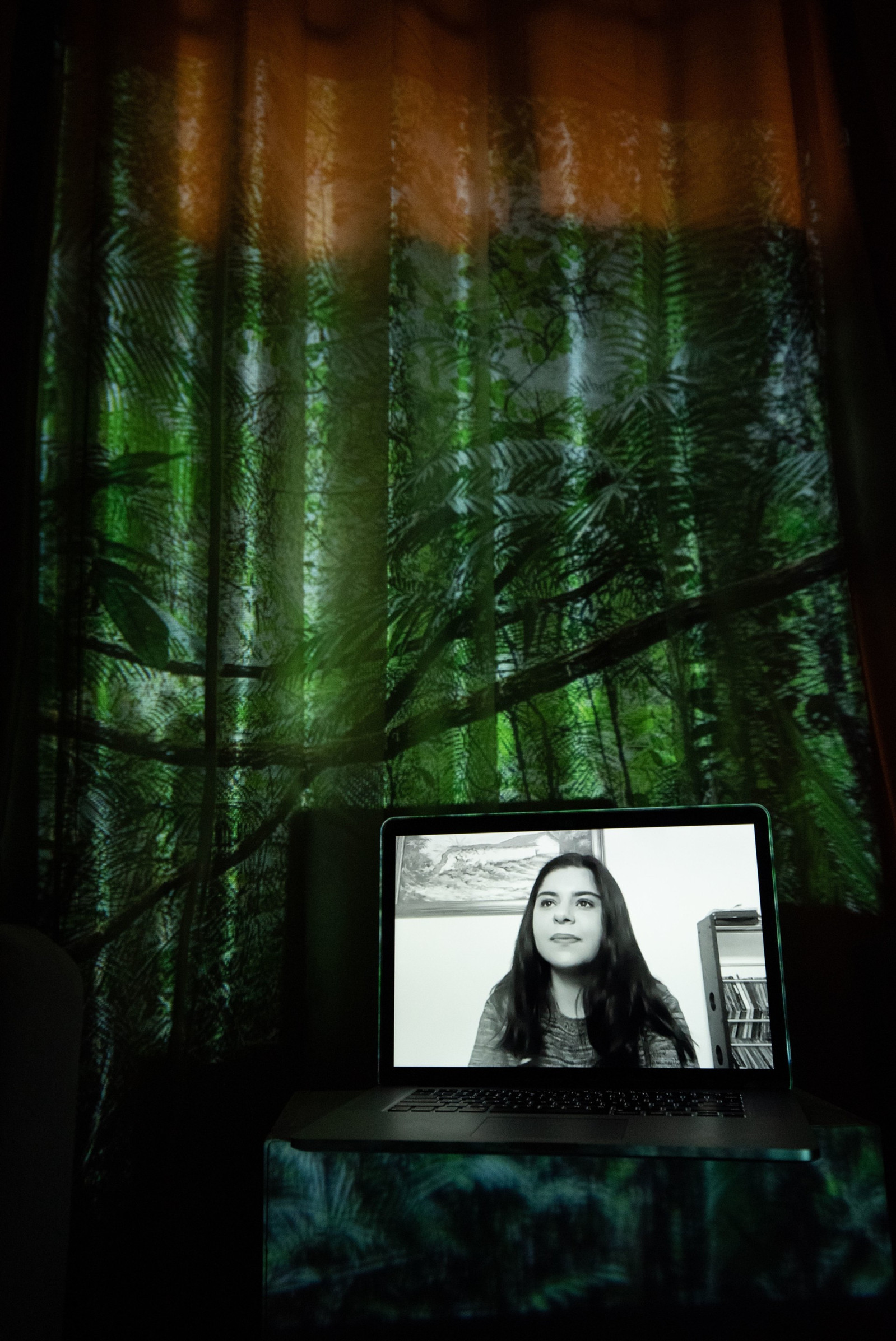 Digital portrait on a laptop screen with an image of the vegetation inside the jungle including vines, projected into the background.