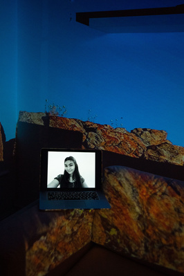 Digital portrait on a laptop screen with an image of a red rock and blue sky projected into the background.
