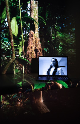 Digital portrait on a laptop screen with an image of a tree trunk projected into the background.