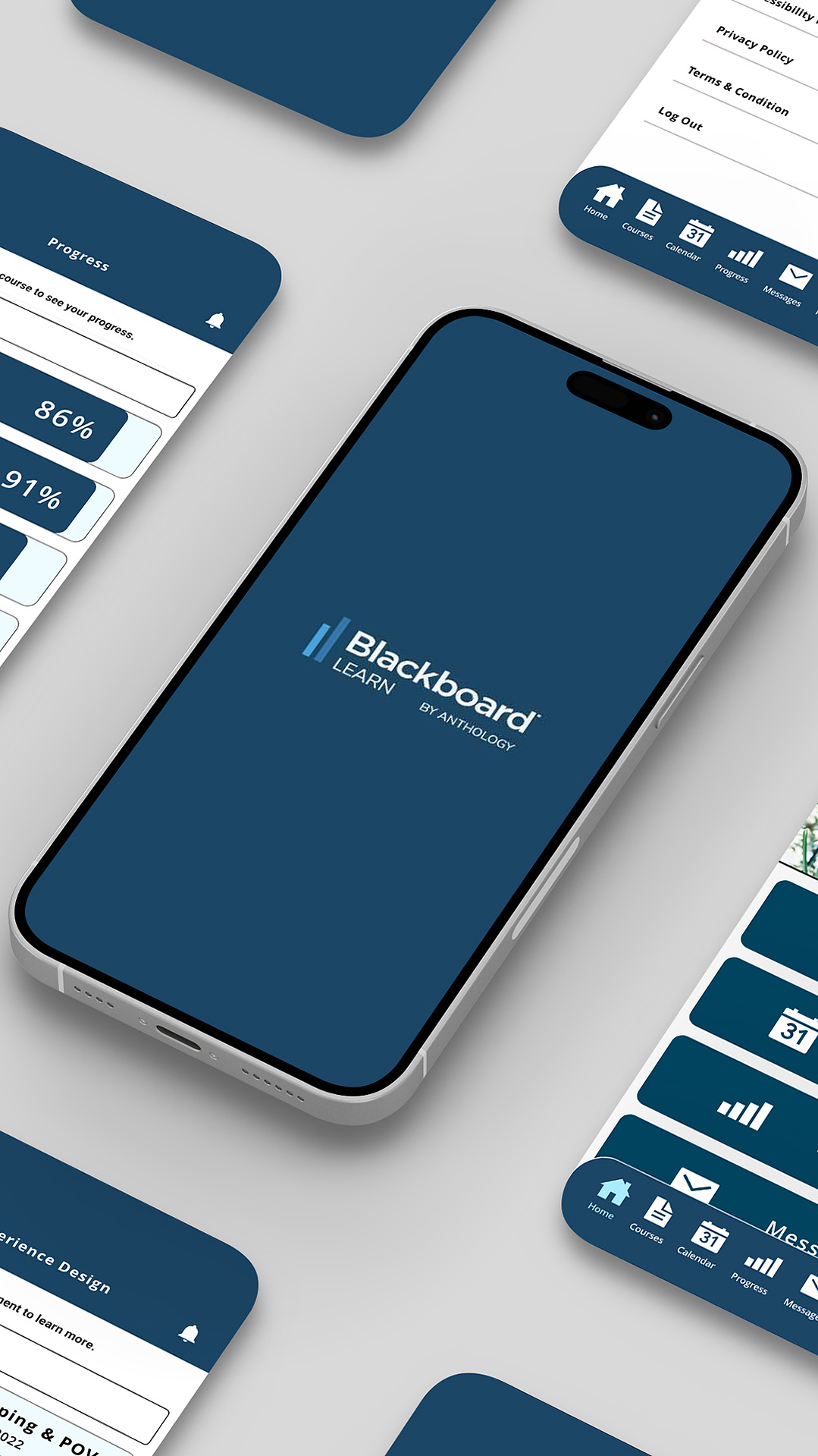 The image showcases multiple phones laid flat with their screens featuring redesigned app interfaces. The designs show improved colour contrast, cohesive layout, and enhanced Humber branding.