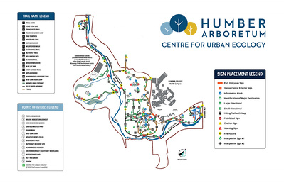 The redesigned Humber Arb map which indicates the trail names, points of interest, and new signage locations.