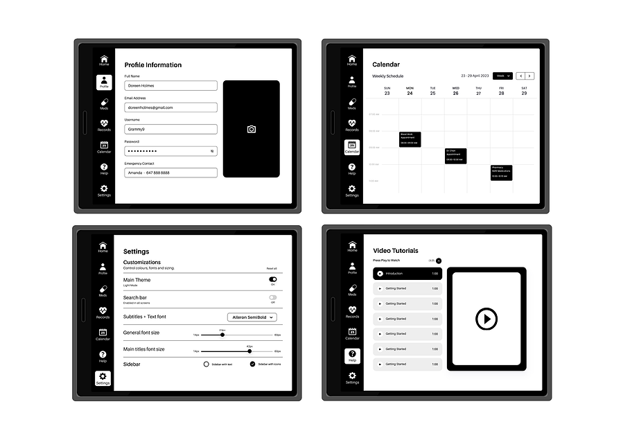 Image featuring various screen wireframe designs of the medication dispenser interface.