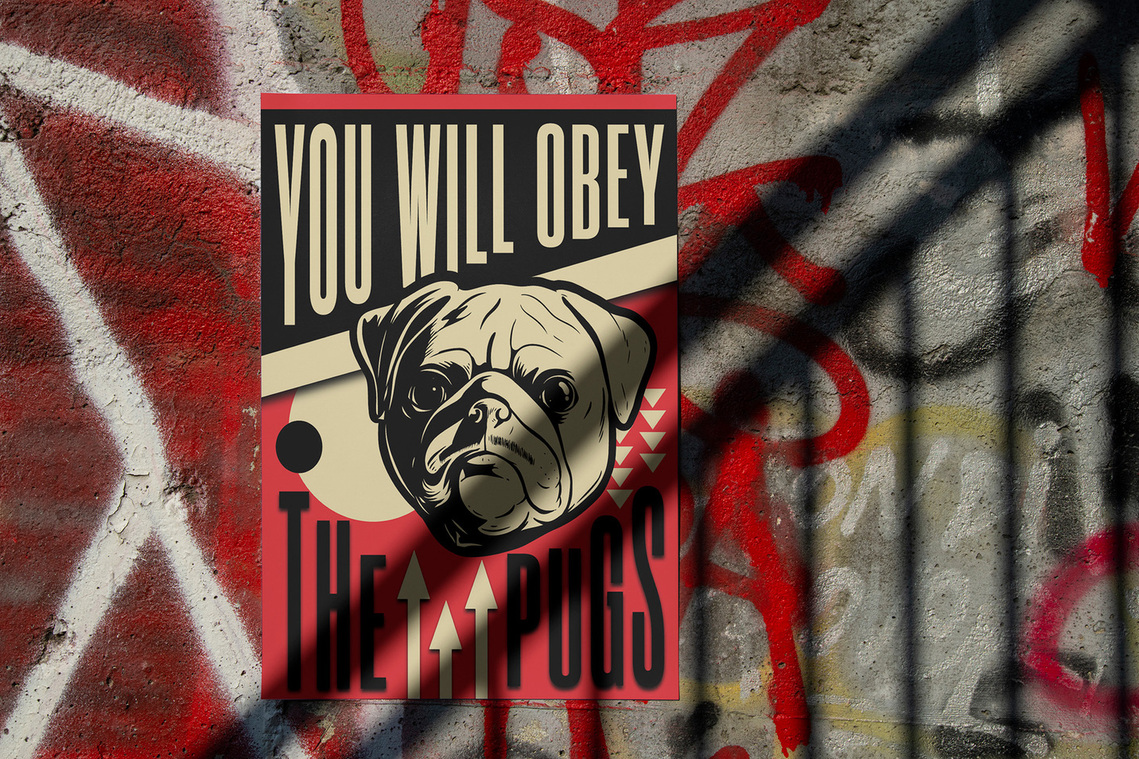 Pug Constructivism Movement Poster set against a backdrop of graffiti art on a wall.