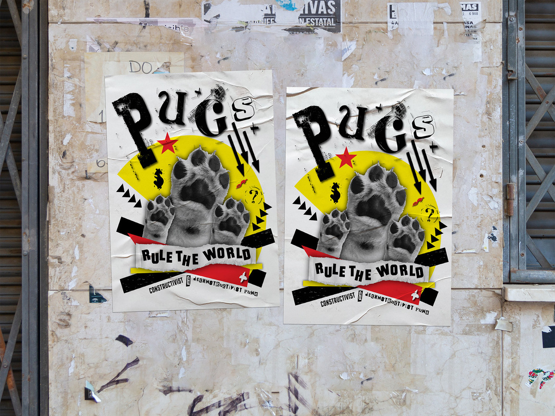 Two Crumpled Pug Constructivism/Punk Subculture Movement Posters set against a distressed wall outside.