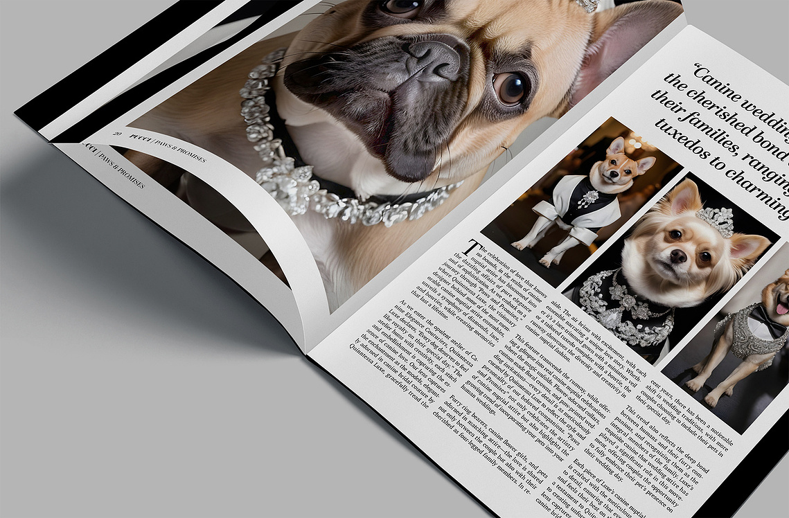 A magazine spread with a close-up view, set against a backdrop of grey.