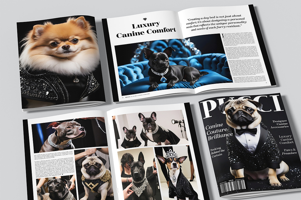 Multiple magazines are laid out, showcasing both the front and back covers as well as two different spreads featuring PUCCI.
