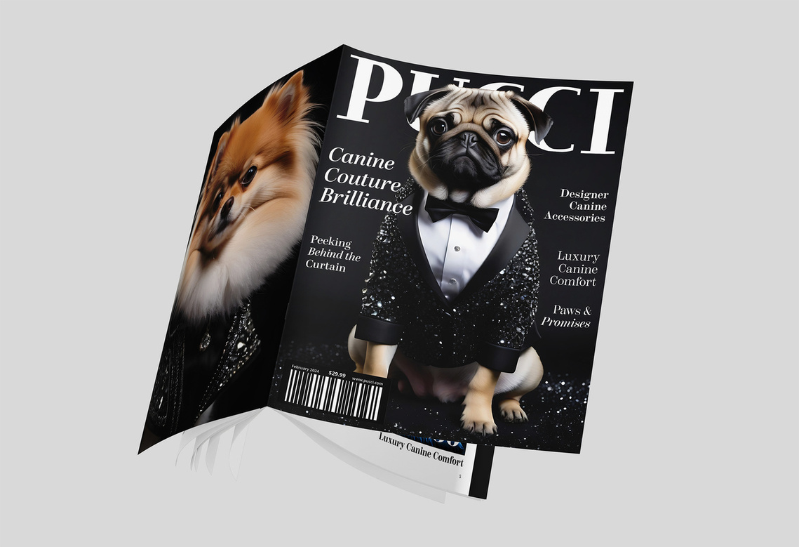 A floating open magazine presents the front and back covers of PUCCI.