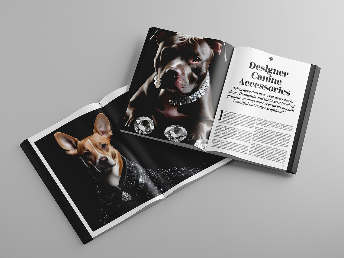 Two open magazines are displayed against a grey background, each revealing two articles featured within PUCCI.