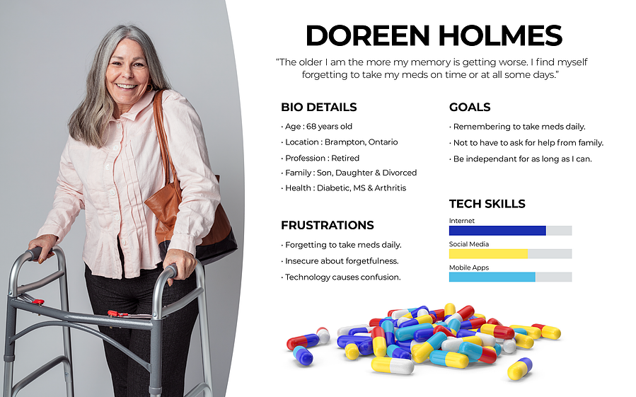 User persona chart with a elderly woman with grey hair, pink shirt, and black pants, accompanied by a leather bag, standing confidently with her walker.