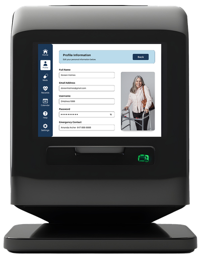 A black digital medication dispenser with the new profile screen.