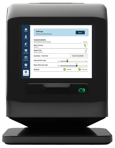 A black digital medication dispenser with the new settings screen.