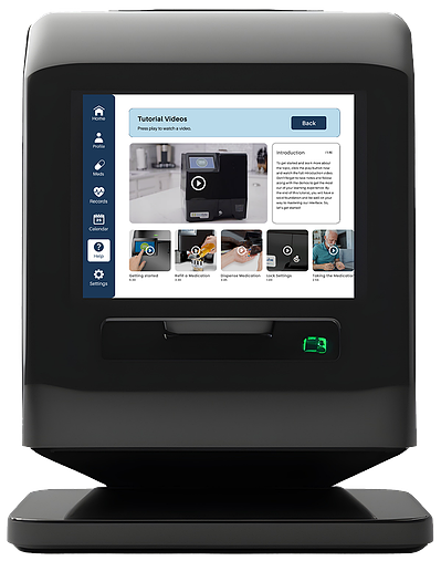 A black digital medication dispenser with the new tutorials screen.