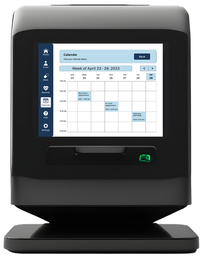 A black digital medication dispenser with the new calendar screen.