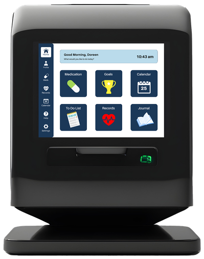 A black digital medication dispenser with the new home screen.