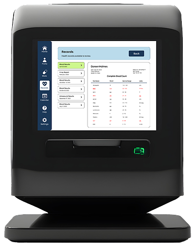 A black digital medication dispenser with the new records screen.