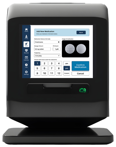 A black digital medication dispenser with the new add medication screen.
