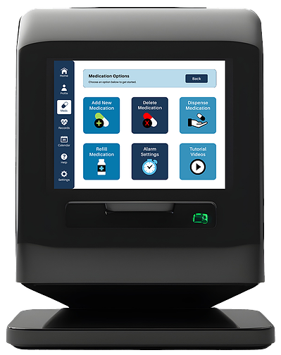 A black digital medication dispenser with the new medication screen.