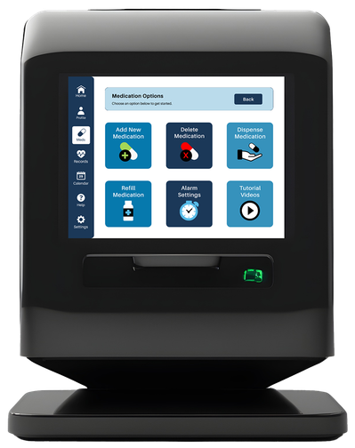 A black digital medication dispenser with the new medication screen.