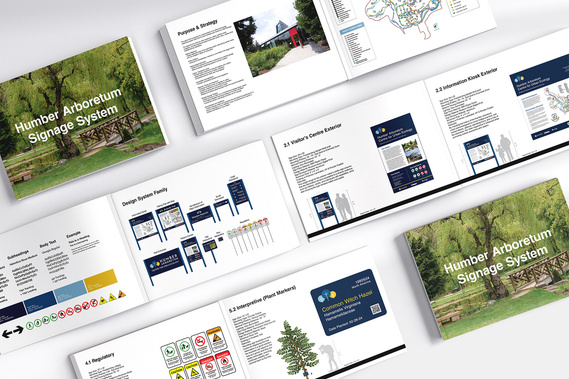 Image of multiple books laid out flat showcasing different signs from the new Humber Arb Signage System including directional, informational, interpretive and regulatory signs.