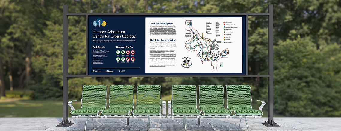 The image features a large sign above a bench, displaying land acknowledgment and information about the Humber Arboretum. White text stands out against a dark blue background, alongside a map.