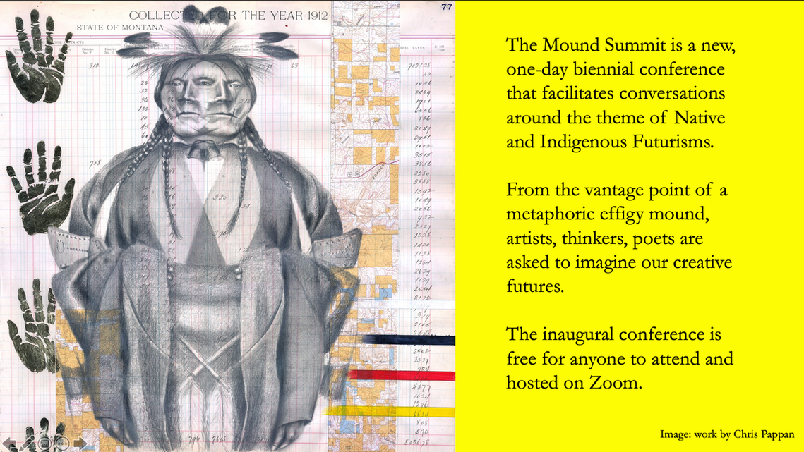 Poster for the Mound Summit's founding concept featuring a drawing of a mirrored man and hand prints by artist Chris Pappan.