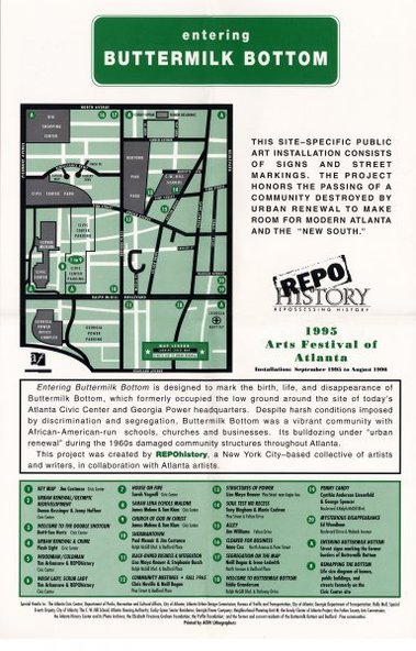 Donna Kessinger was recruited to be a local artist participant of the Repohistory collective in 1996 as part of the Cultural Olympiad and Atlanta Arts Fest. She and Jenny Hoffner co-created a metal sign  presented at the entrance of Buttermilk Bottom.