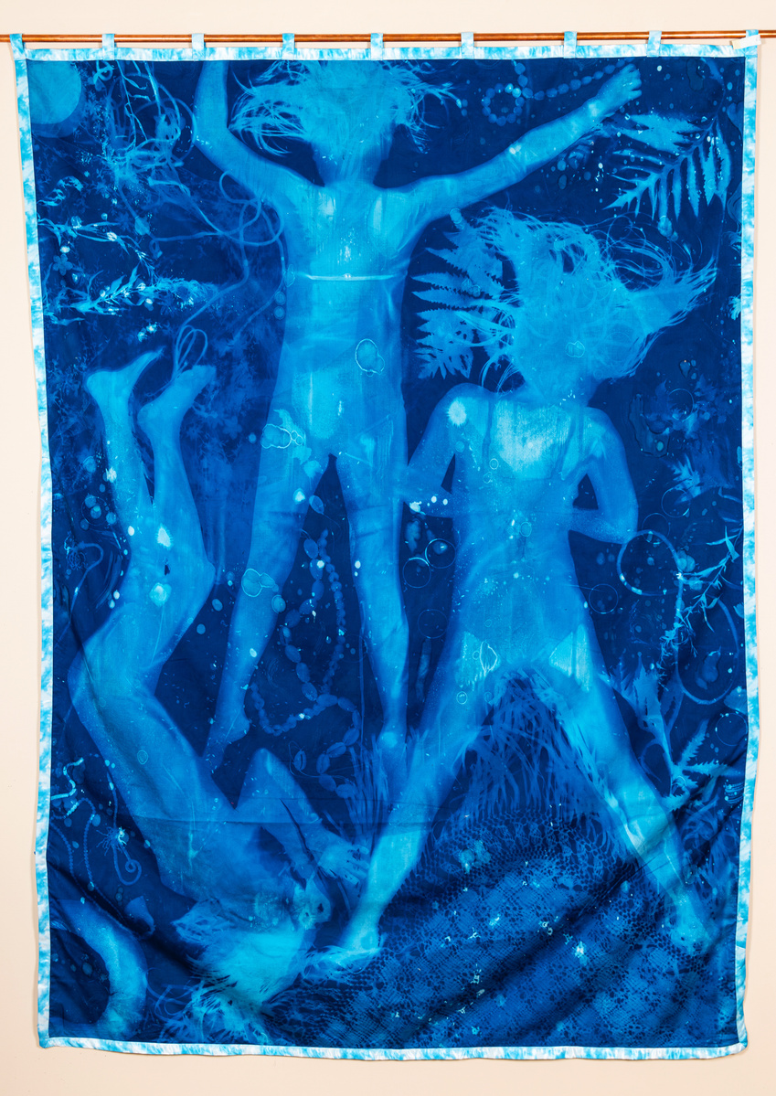Water Spirits (back),
Cyanotype on Cotton Sateen with satin trim, 7.25ft x 5.25ft