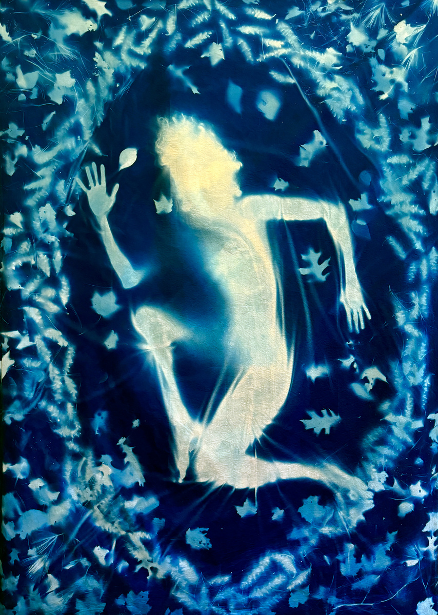 Coming Home (back), 
Cyanotype on cotton sateen, 7ft x 5ft