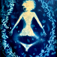 Coming Home (front),
Cyanotype on cotton sateen, 7ft x 5f