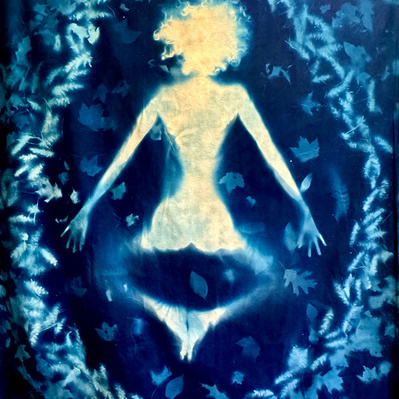 Coming Home (front),
Cyanotype on cotton sateen, 7ft x 5f