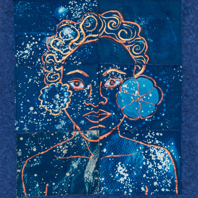 "Golden Child" Cynotype. on cotton sateen and acryclic, 32"x 24.5"