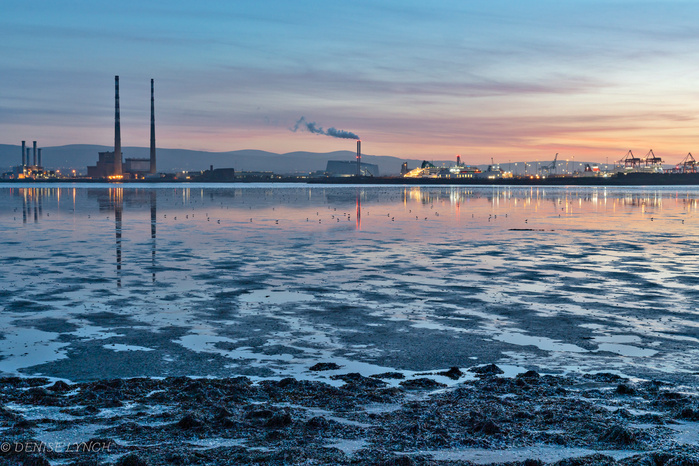 Poolbeg Chimneys at Sunset from the Wooden Bridge