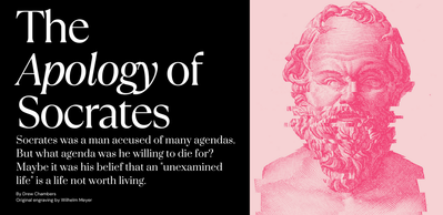 Etching of Socrates in light and dark pink. Describing the thrust of Plato's Apology, which is Socrates's willingness to die for the pursuit of examining his life.