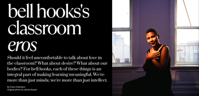 Photo of bell hooks taken by James Keyser. Text asking about the role of desire and love in the classroom. 