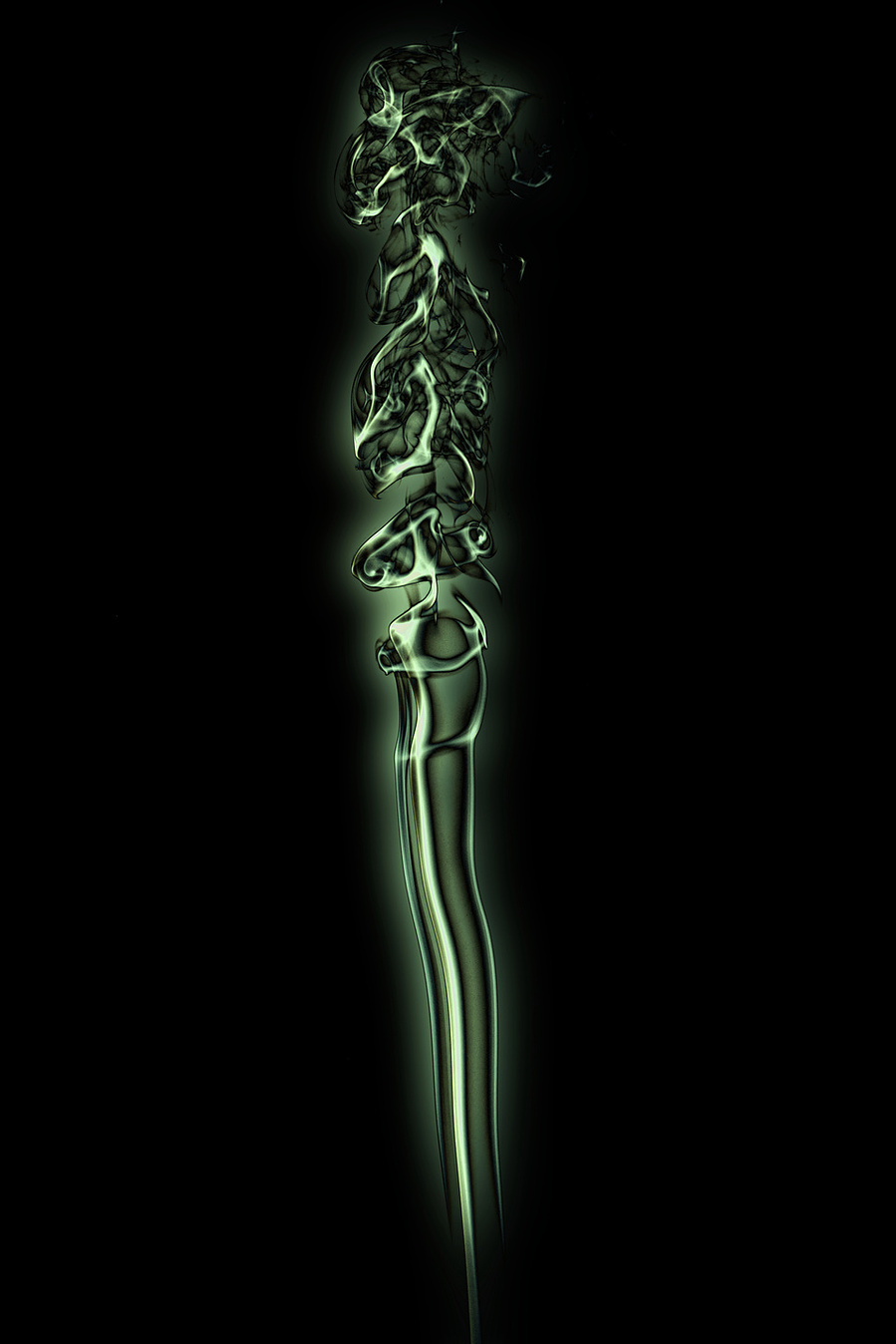 Smoke art created by incense stick, forming patterns in green with a black background.