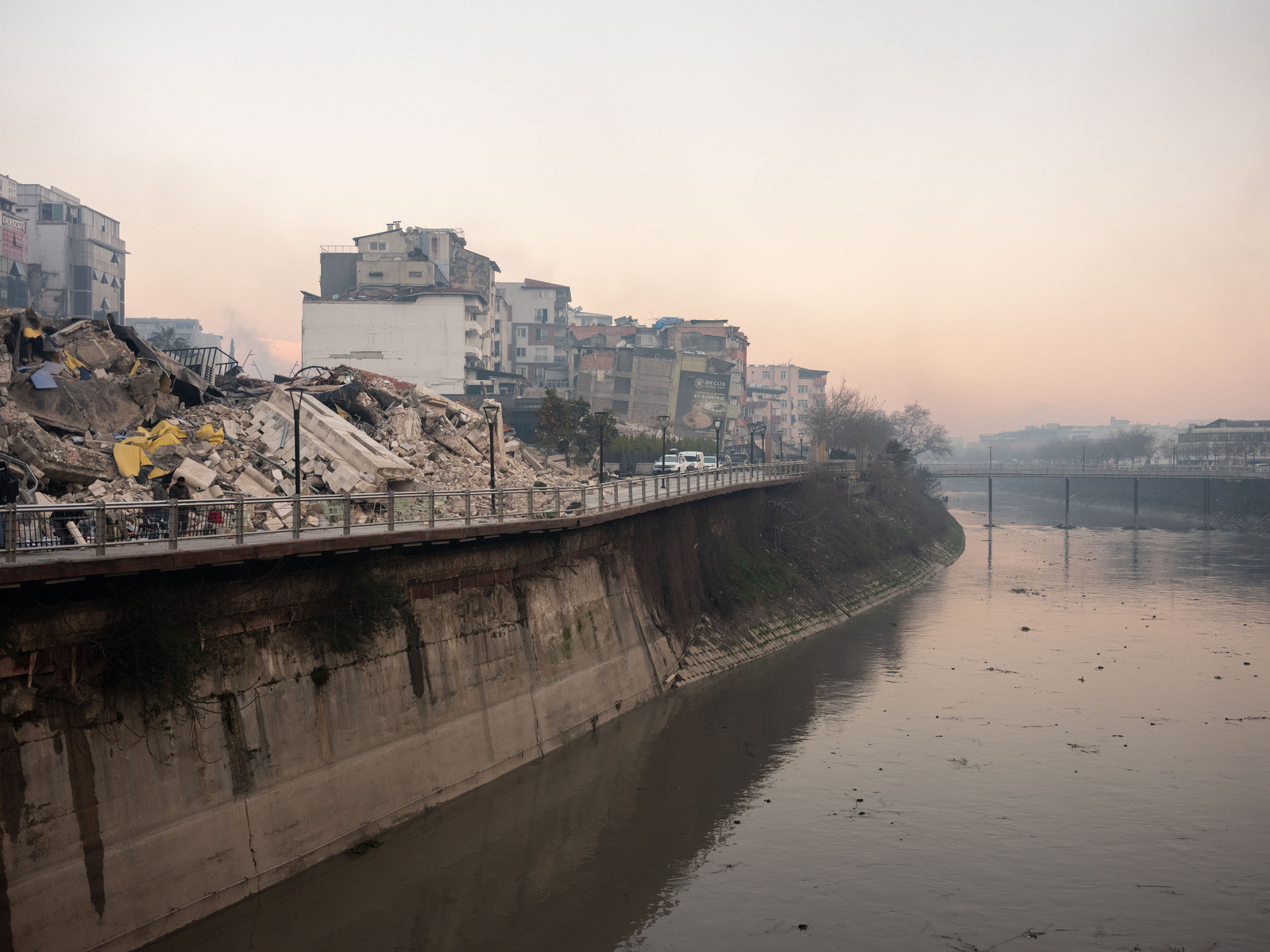 The Orontes river, which runs through Antakya, Hatay, Turkey, passing the destroyed ruins of the city in the early hours of the morning, after an earthquake that struck at 4:17am on the 6th of February 2023