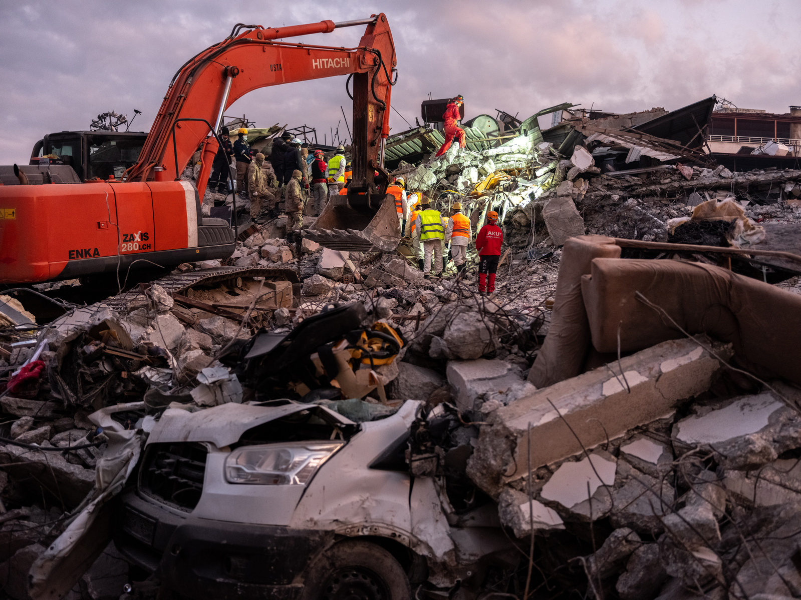 Rescue workers who came from across Turkey, and abroad en route to search the hundreds of collapsed buildings in Antakya, Hatay, Turkey, for potential survivors, and to evacuate bodies of the victims.