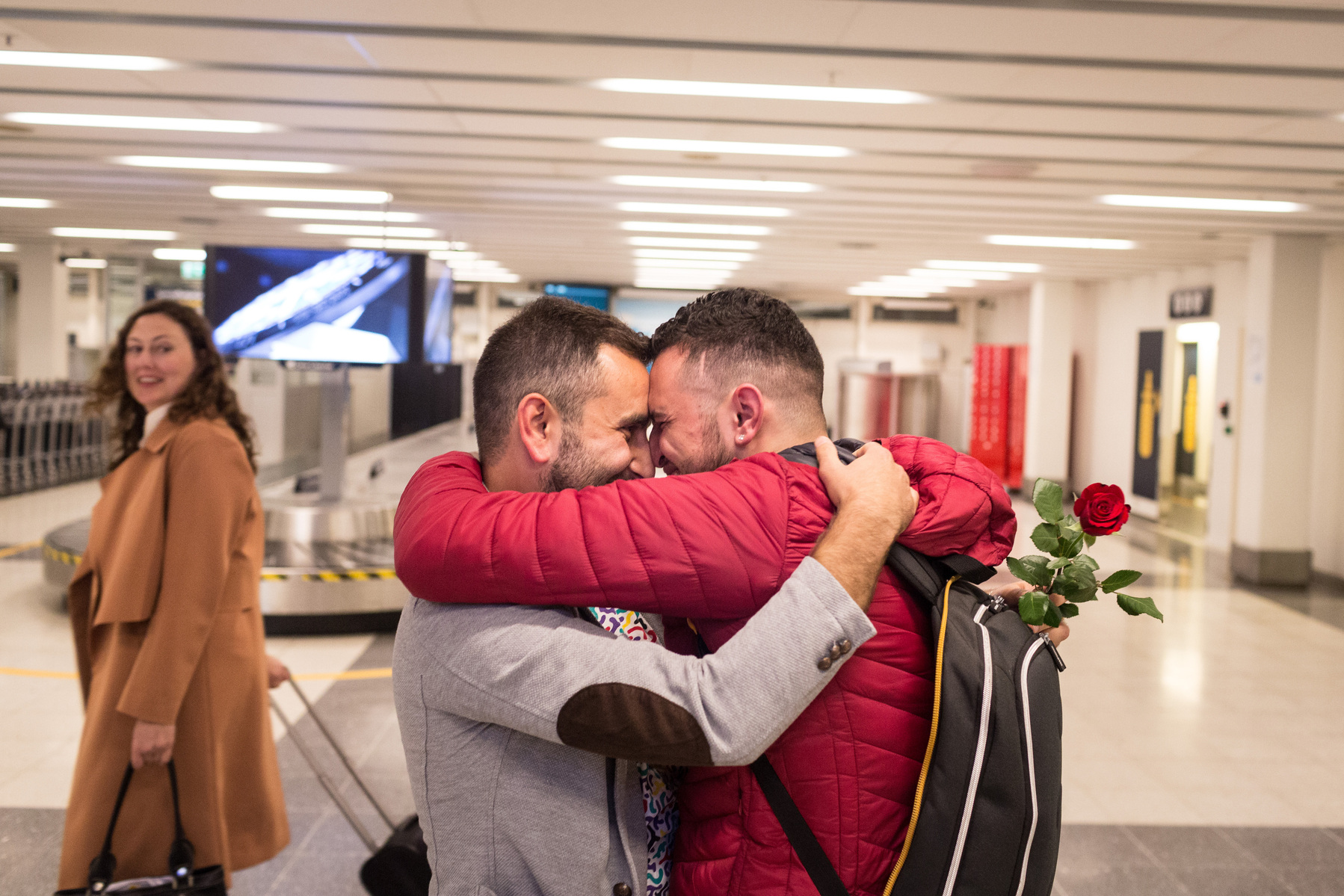 After months apart, Omar (right) and Nader (left) are reunited in Bergen, Norway. Nader proposed to Omar at his birthday party, shortly before being resettled to Norway, at which point it was uncertain as to whether or not Omar would be resettled to Norwa