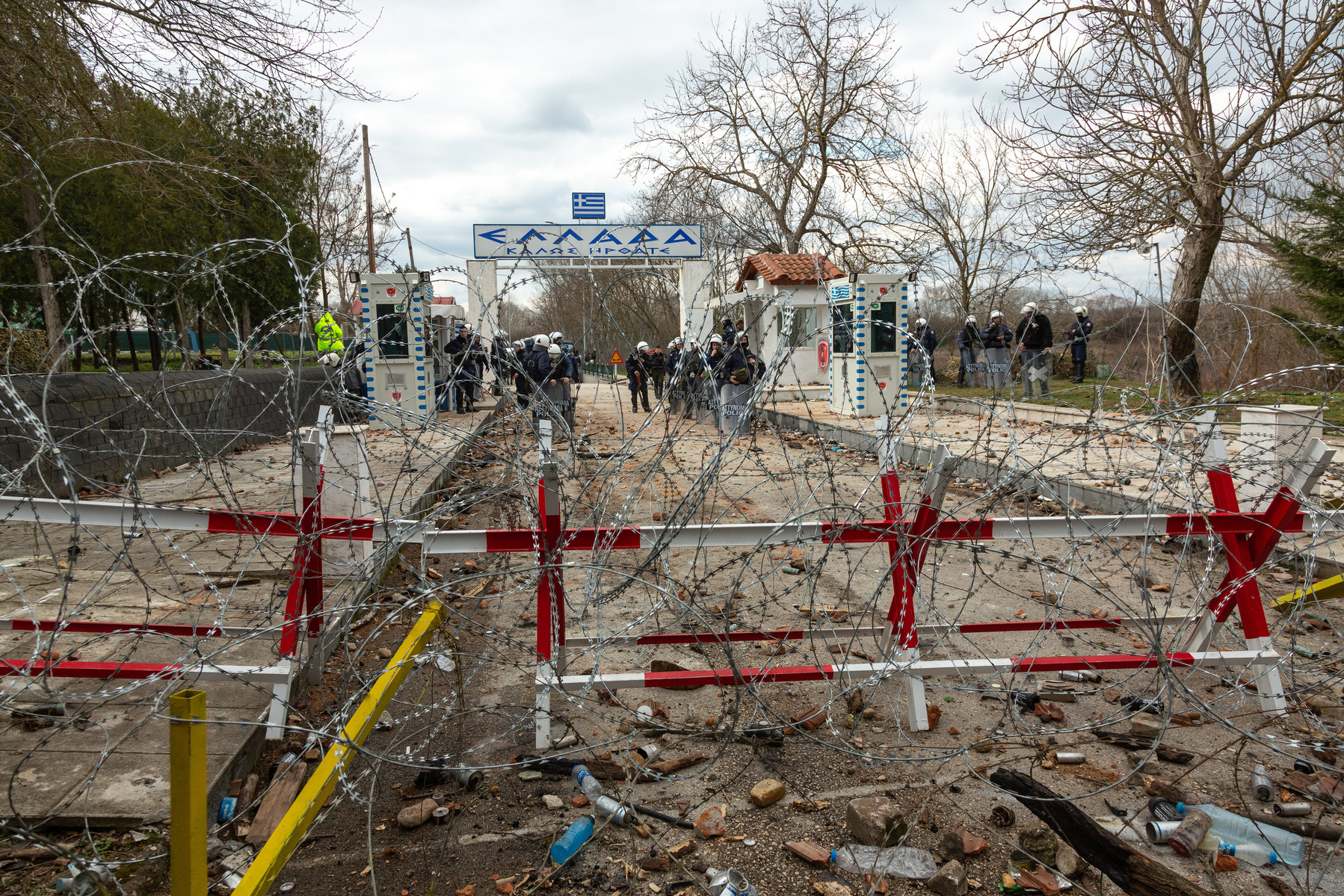 The Greek border police and military heavily guard their border with Turkey, which they announced closed. Thousands of refugees and migrants at Turkey's Pazarkule border gate with Greece. After Turkey declared its borders open to people wishing to travel
