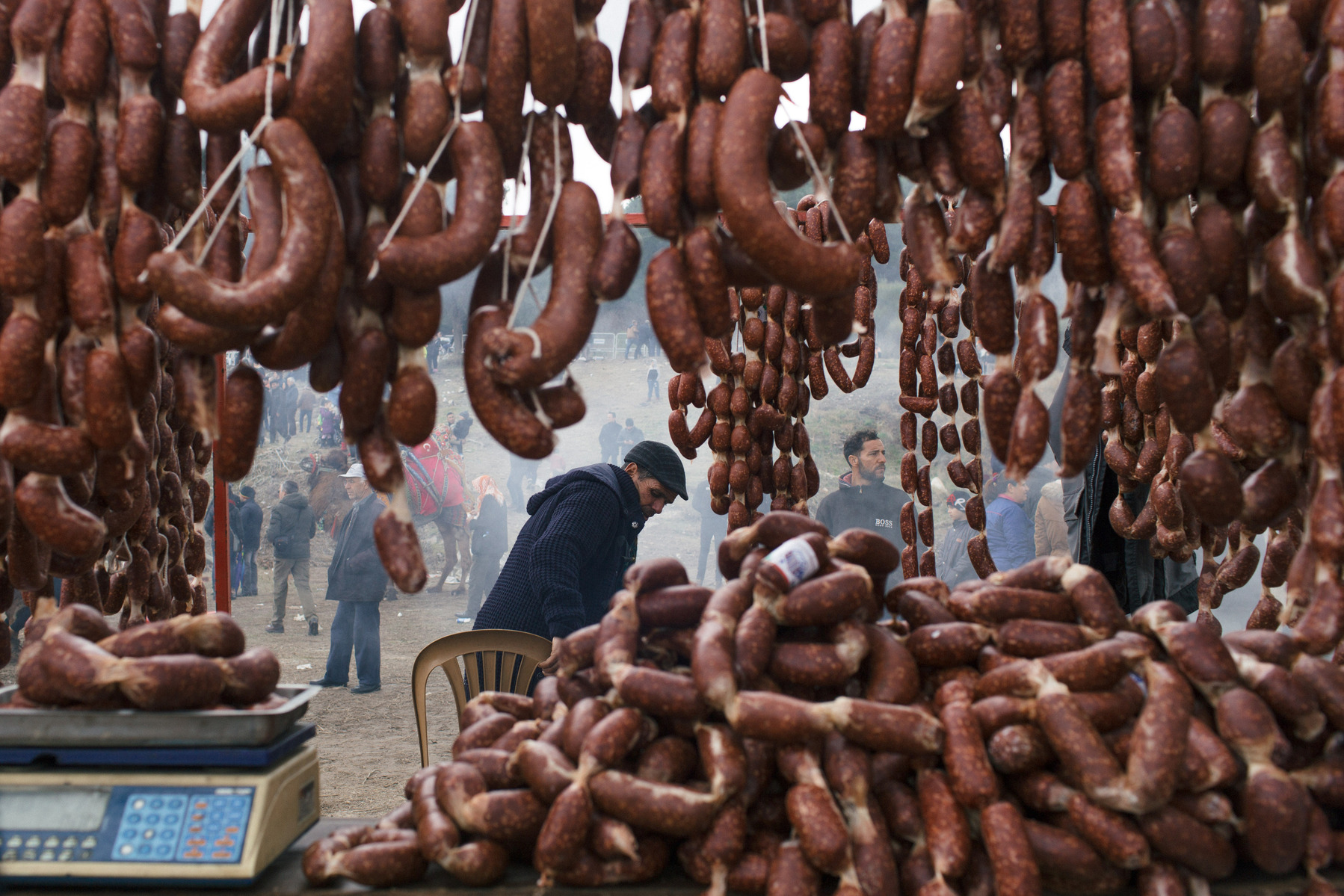 TURKEY, Izmir, Selçuk. Camel meat sausage for sale around the competiting stadium of the 35th annual Selcuk Camel Wrestling competition, near Izmir, western Turkey.