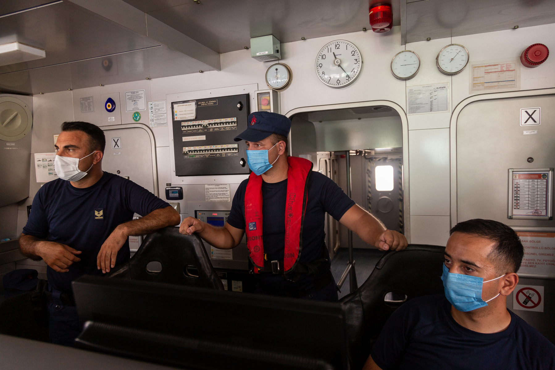 Europe, Turkey, Kuşadası. Turkish coastguard boats patrol the waters between mainland Turkey, and the Greek island of Samos, after receiving information that there is a boat of migrants without an engine drifting between Turkish and Greek territorial wate