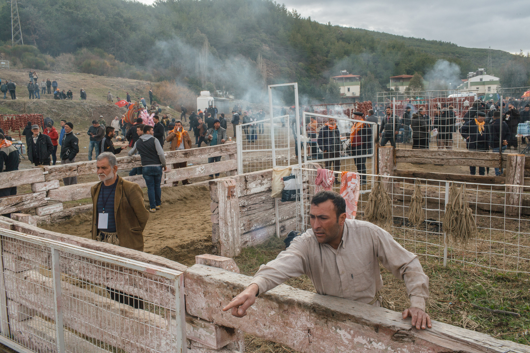 TURKEY, Izmir, Selçuk. Camel wranglers prepare themselves and their equipment before the start of the 35th annual Selçuk Camel Wrestling Festival.