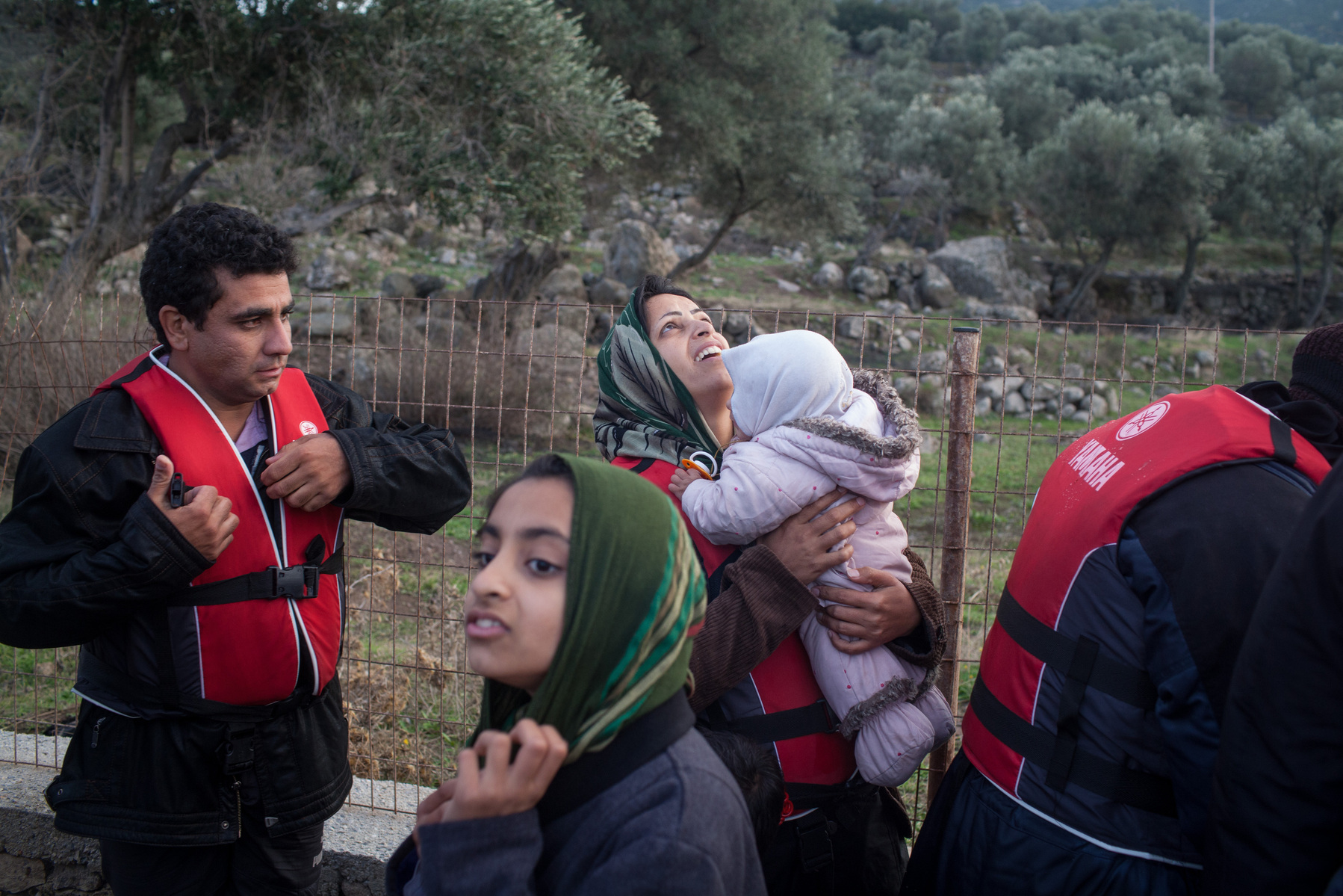 A group of migrants and refugees after just arriving on the Greek island of Lesvos, after being smuggled from Turkey.