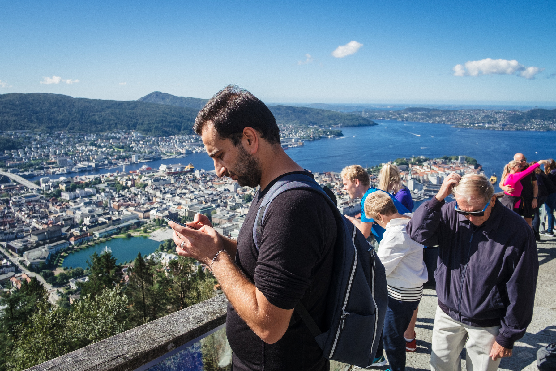 Nader at the top of the Fløren mountain, overlooking Norway's second city, Bergen, in the west of the country. Nader chats with Omar his fianceé in Turkey, who's due to arrive the following day.