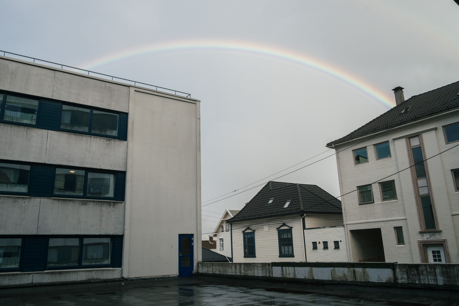 A rainbow over Nader and Omar's apartment complex in Bergen, Norway's second city.