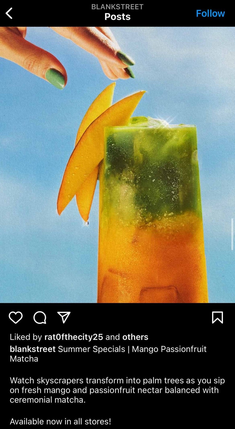 instagram caption writing for blank street coffee mango passionfruit matcha