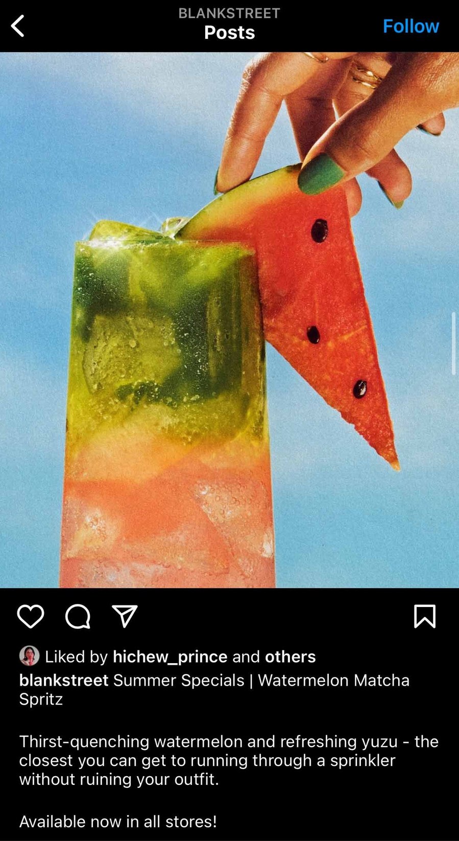 instagram caption writing for blank street coffee watermelon matcha spritz