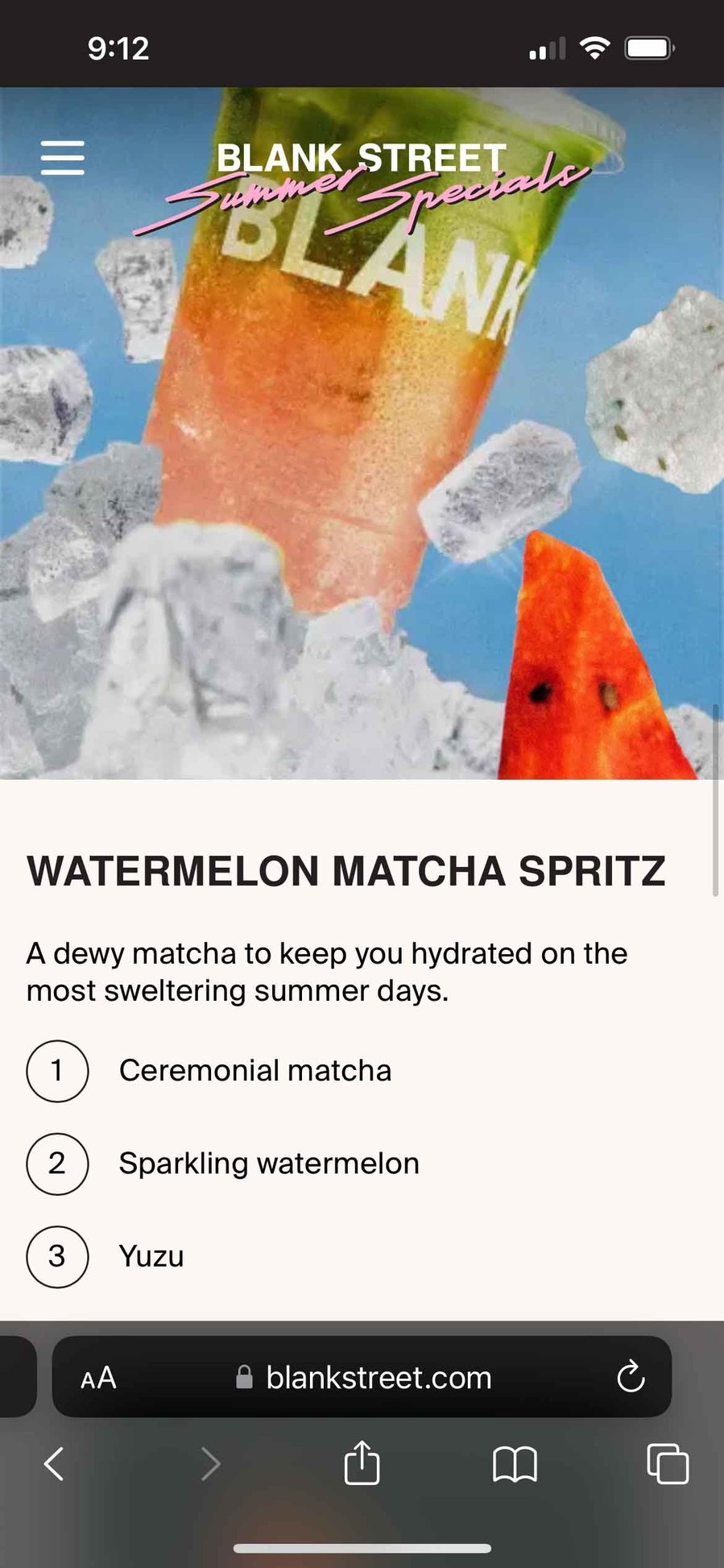 Website copy for Blank Street Summer Specials copywriting new york 2024 watermelon matcha spritz