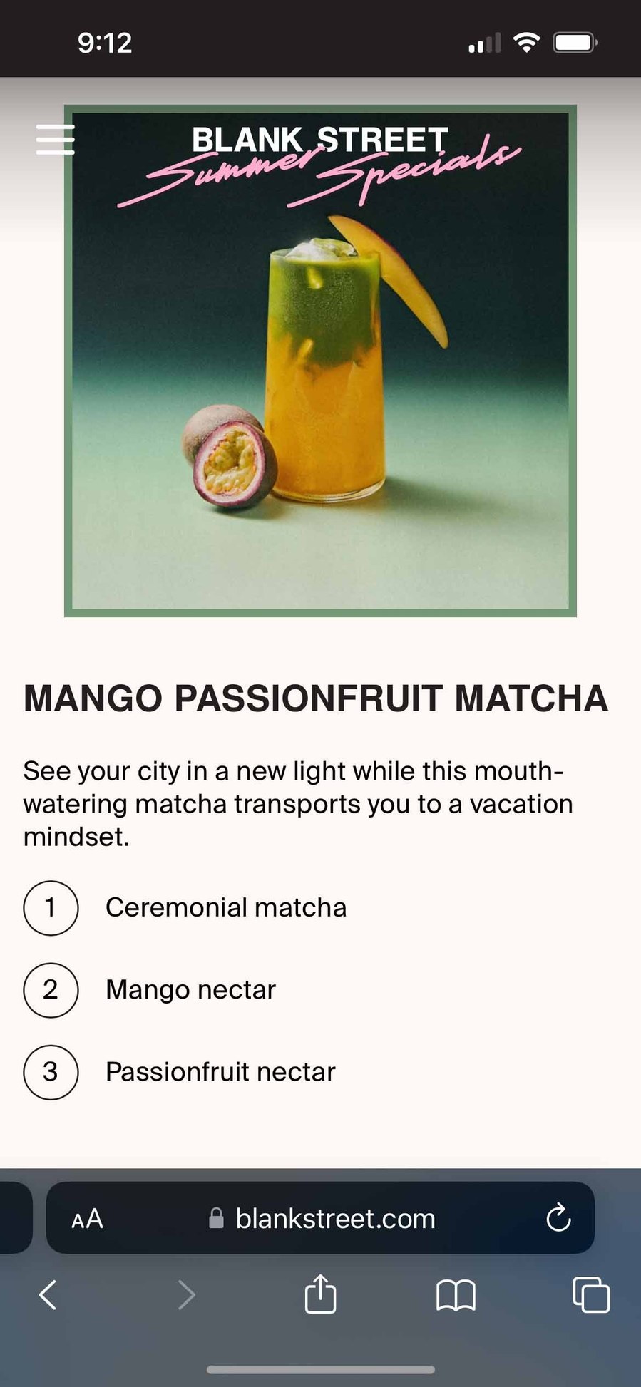 Website copy for Blank Street Summer Specials copywriting new york 2024 mango passionfruit matcha